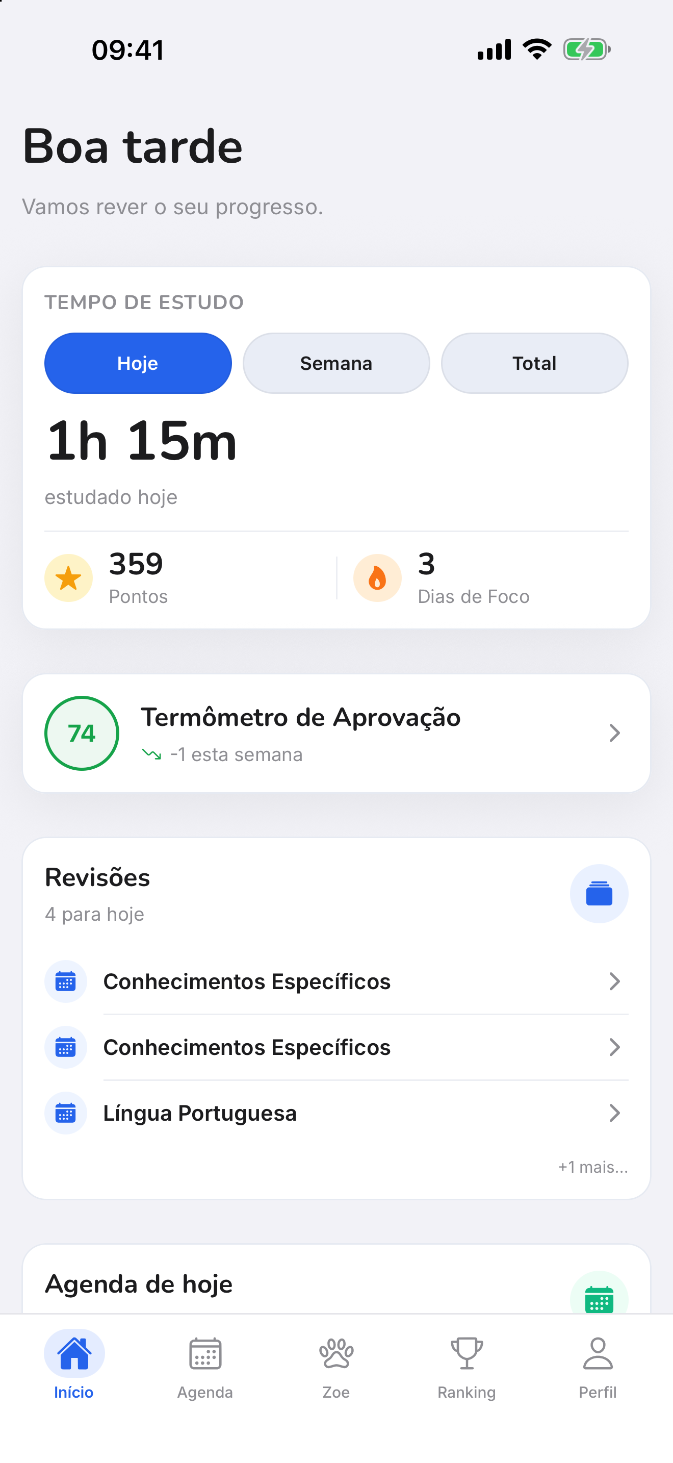 Tela inicial do Memo: 1h 15m estudados hoje, 359 pontos, 3 dias de foco, termômetro de aprovação 74 e quatro revisões para hoje.