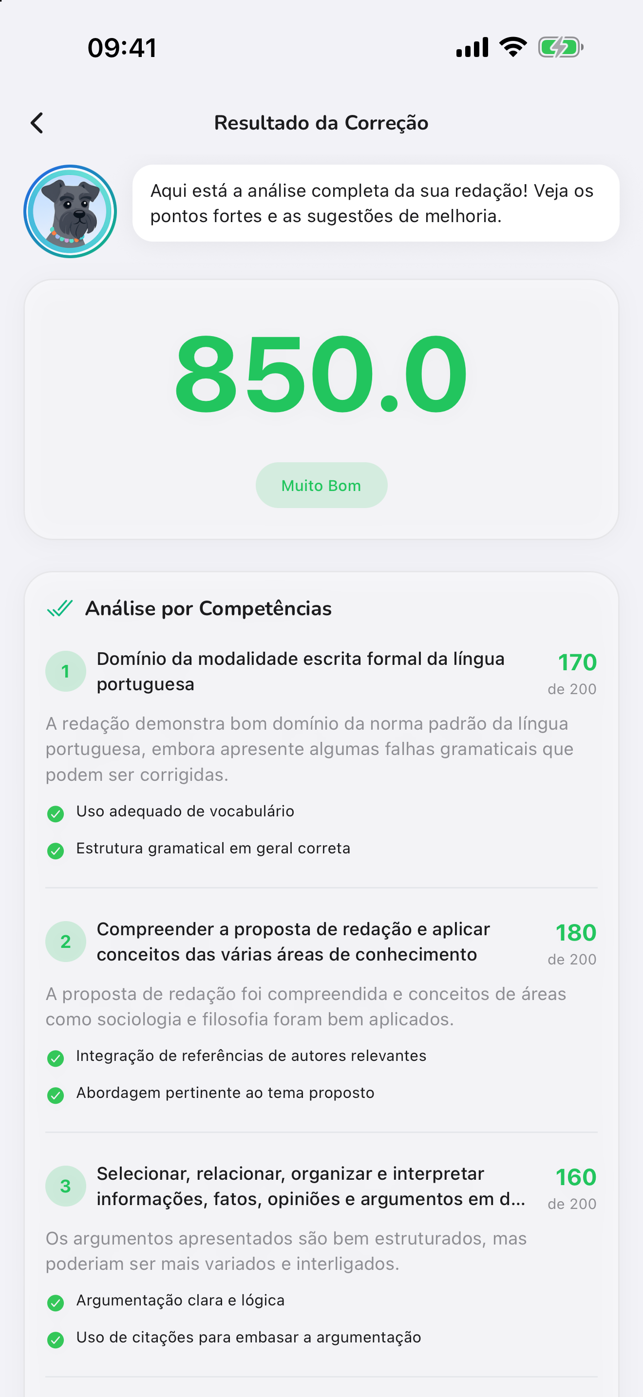 Resultado da correção de uma redação: nota 850, com a análise de cada competência, como domínio da norma padrão (170 de 200).