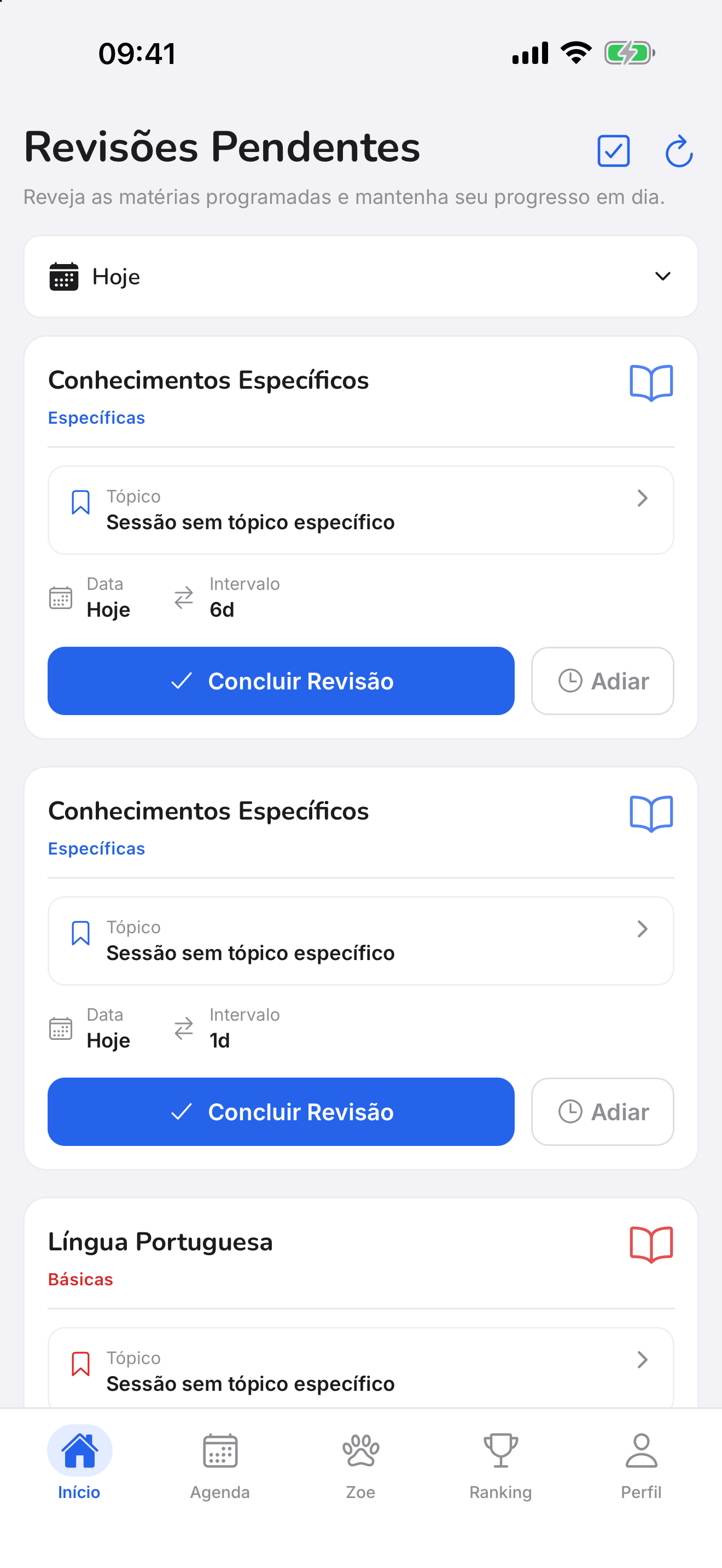 Lista de revisões pendentes para hoje, cada uma com a matéria, o intervalo e os botões Concluir revisão e Adiar.
