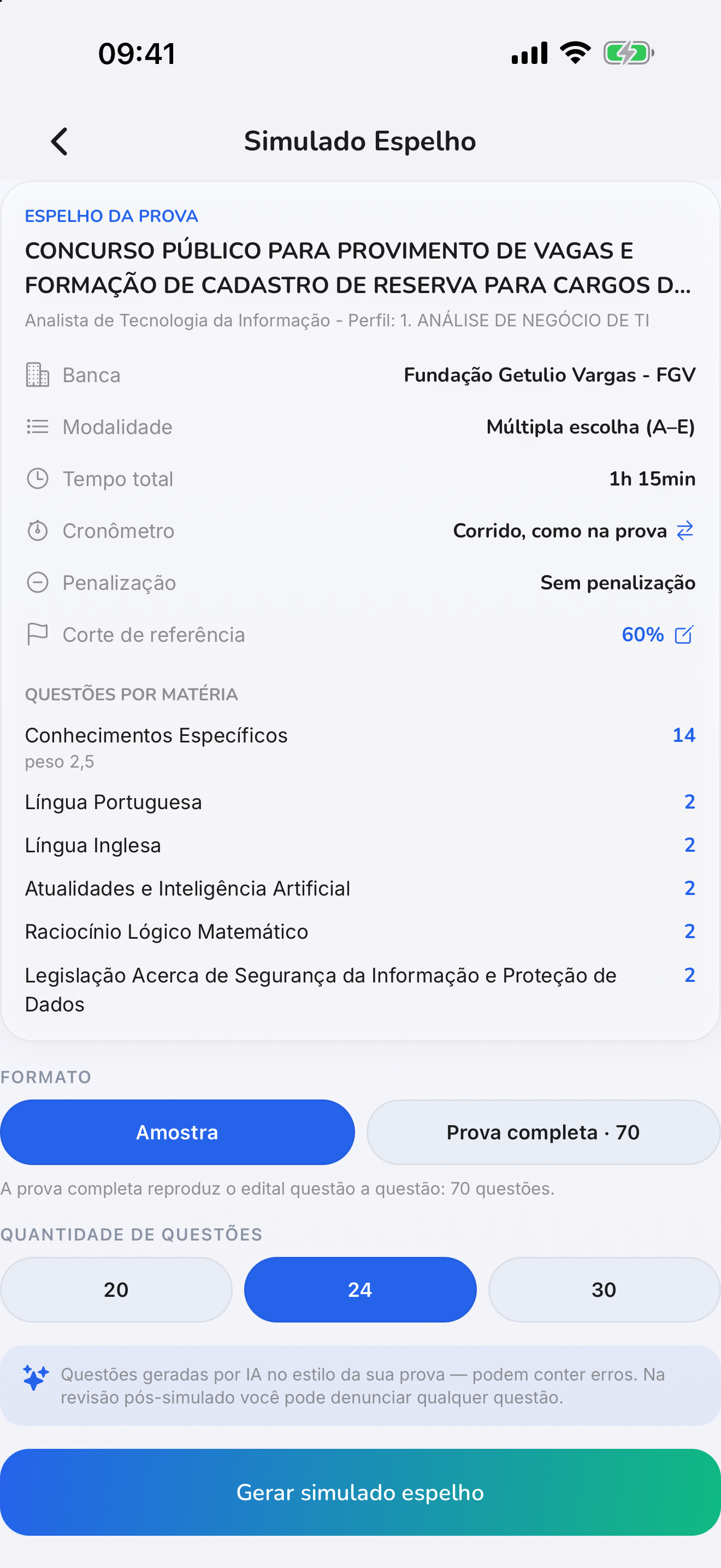 Configuração do simulado espelho: banca FGV, múltipla escolha de A a E, 1h15 de prova, corte de referência de 60% e quantidade de questões por matéria.