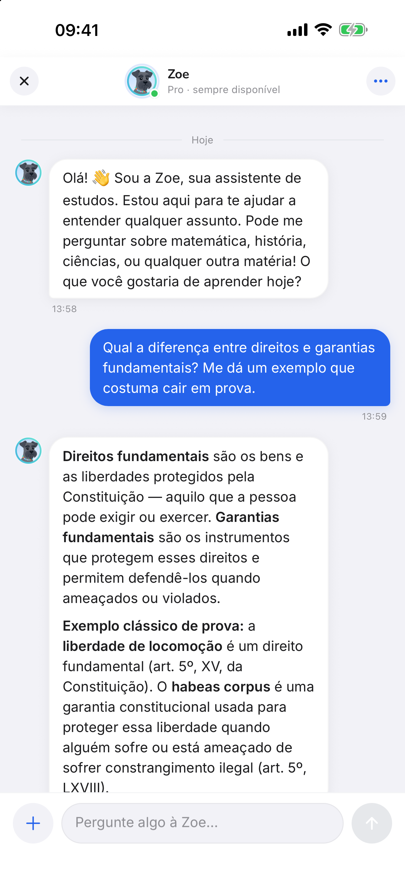 Conversa com a Zoe explicando a diferença entre direitos e garantias fundamentais, com o exemplo da liberdade de locomoção e do habeas corpus.